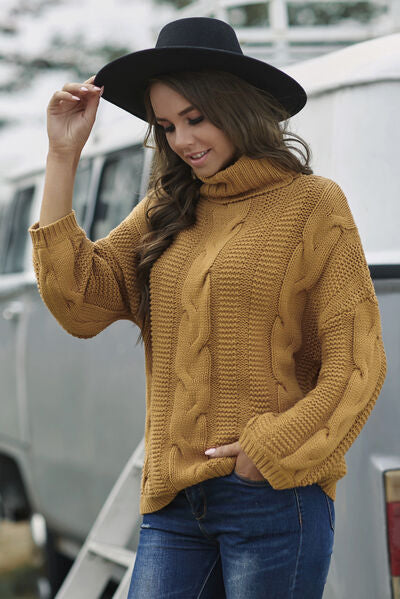 Cable-Knit Turtleneck Dropped Shoulder Sweater - Aurelia Clothing