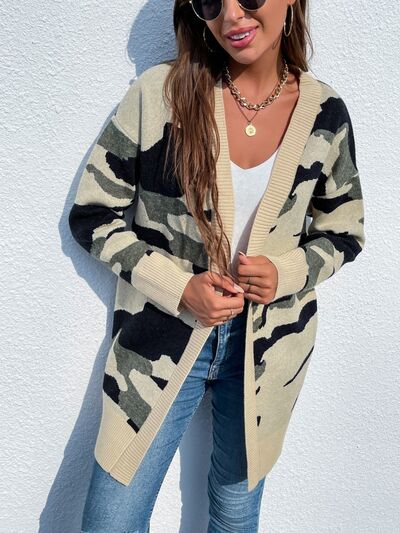 Camouflaged Dropped Shoulder Open Front Cardigan - Aurelia Clothing