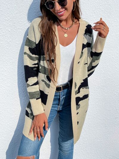 Camouflaged Dropped Shoulder Open Front Cardigan - Aurelia Clothing