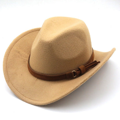 Casual Versatile Retro Camel Belt Autumn Winter Mens and Womens Woolen Western Denim Hat Wide Brim Sun Shade Top Hat - Free Shipping - Aurelia Clothing