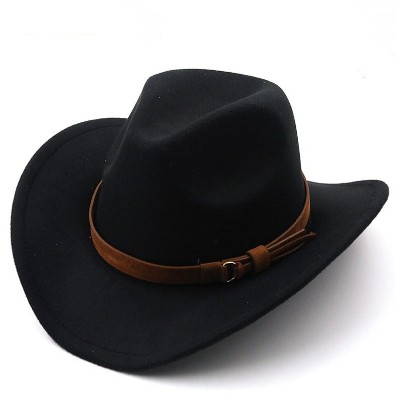 Casual Versatile Retro Camel Belt Autumn Winter Mens and Womens Woolen Western Denim Hat Wide Brim Sun Shade Top Hat - Free Shipping - Aurelia Clothing