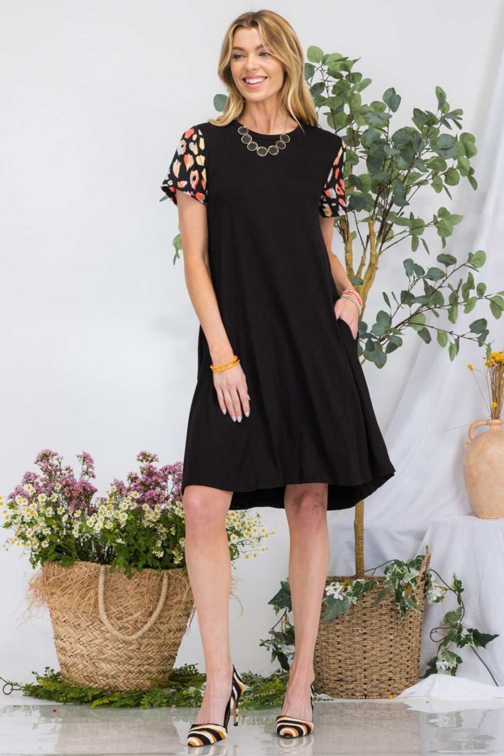 Celeste Full Size Leopard Short Sleeve Dress with Pockets - Aurelia Clothing