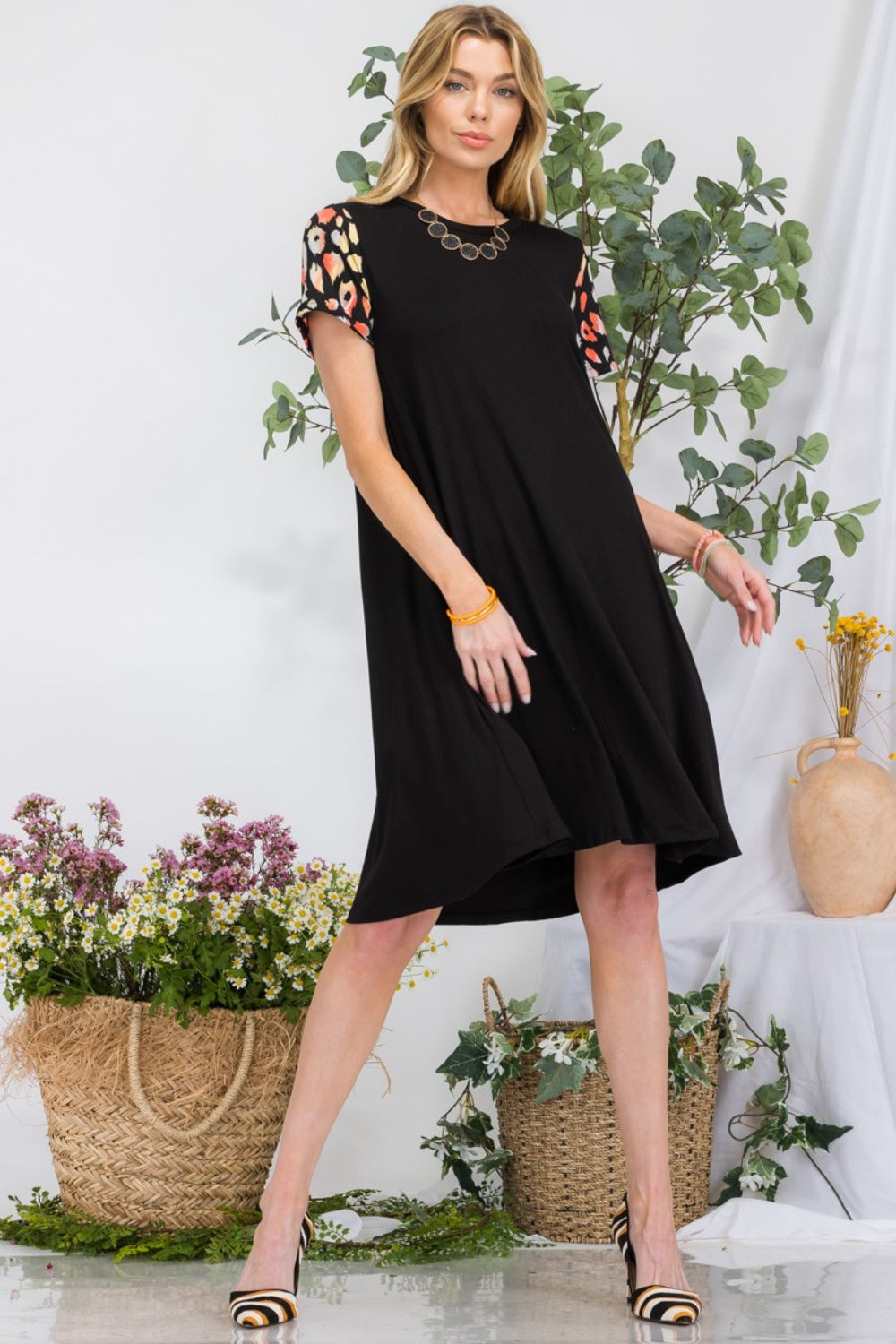 Celeste Full Size Leopard Short Sleeve Dress with Pockets - Aurelia Clothing