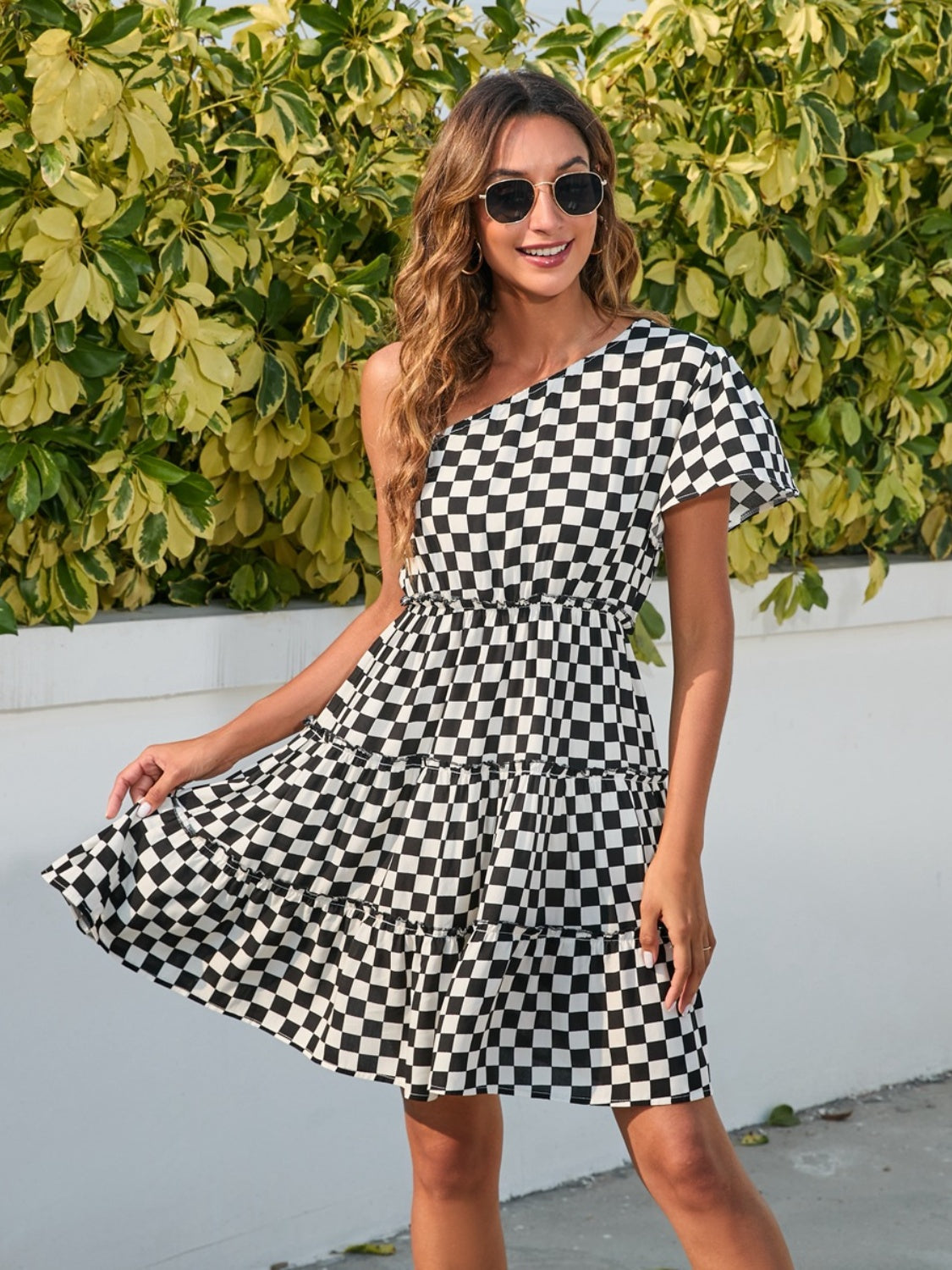 Checkered Single Shoulder Mini Dress - Aurelia Clothing