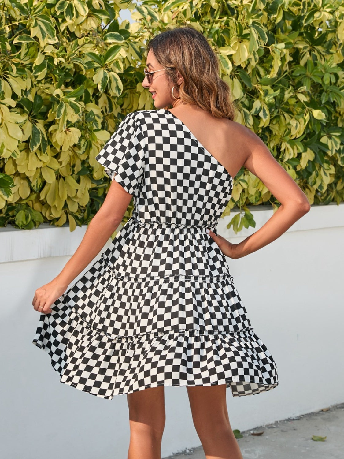 Checkered Single Shoulder Mini Dress - Aurelia Clothing