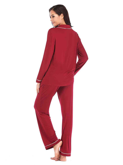 Collared Neck Long Sleeve Loungewear Set with Pockets - Aurelia Clothing