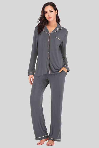 Collared Neck Long Sleeve Loungewear Set with Pockets - Aurelia Clothing