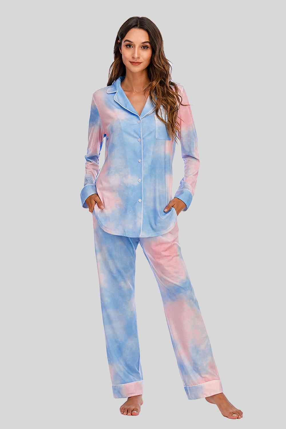 Collared Neck Long Sleeve Loungewear Set with Pockets - Aurelia Clothing