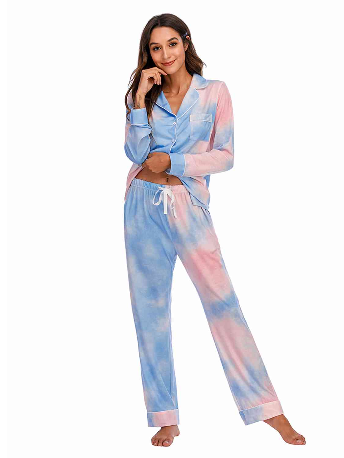 Collared Neck Long Sleeve Loungewear Set with Pockets - Aurelia Clothing