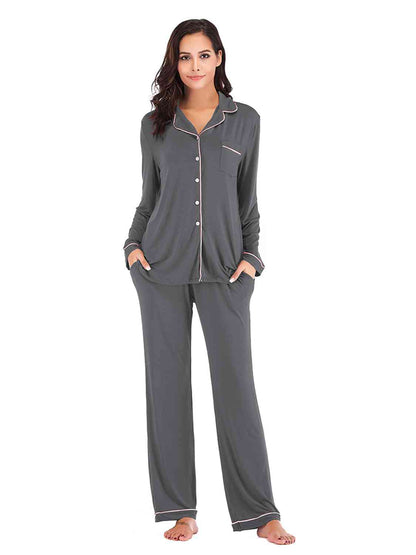 Collared Neck Long Sleeve Loungewear Set with Pockets - Aurelia Clothing