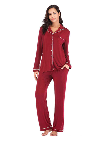 Collared Neck Long Sleeve Loungewear Set with Pockets - Aurelia Clothing