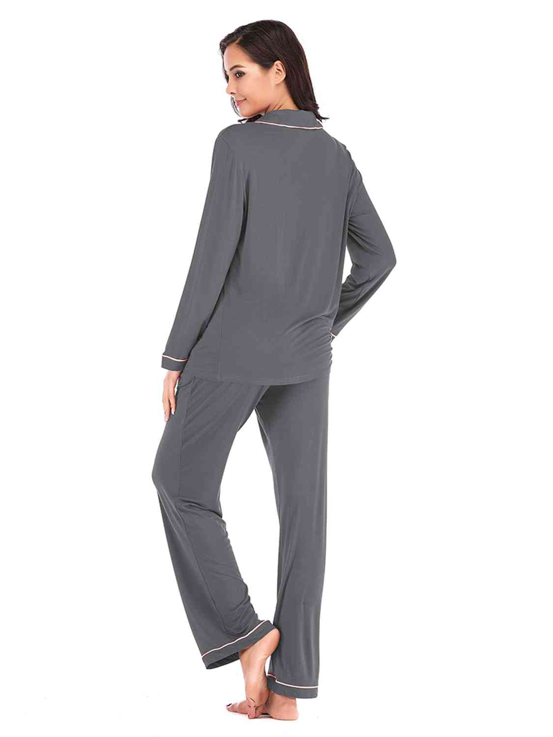 Collared Neck Long Sleeve Loungewear Set with Pockets - Aurelia Clothing