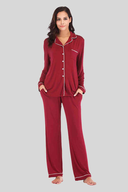 Collared Neck Long Sleeve Loungewear Set with Pockets - Aurelia Clothing