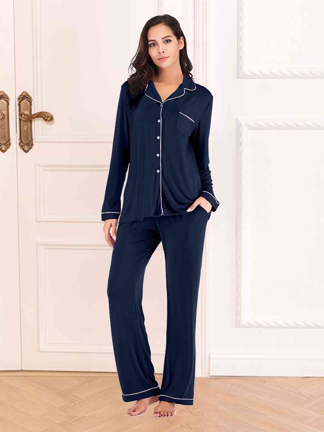 Collared Neck Long Sleeve Loungewear Set with Pockets - Aurelia Clothing