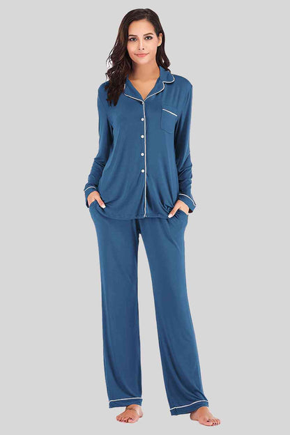 Collared Neck Long Sleeve Loungewear Set with Pockets - Aurelia Clothing