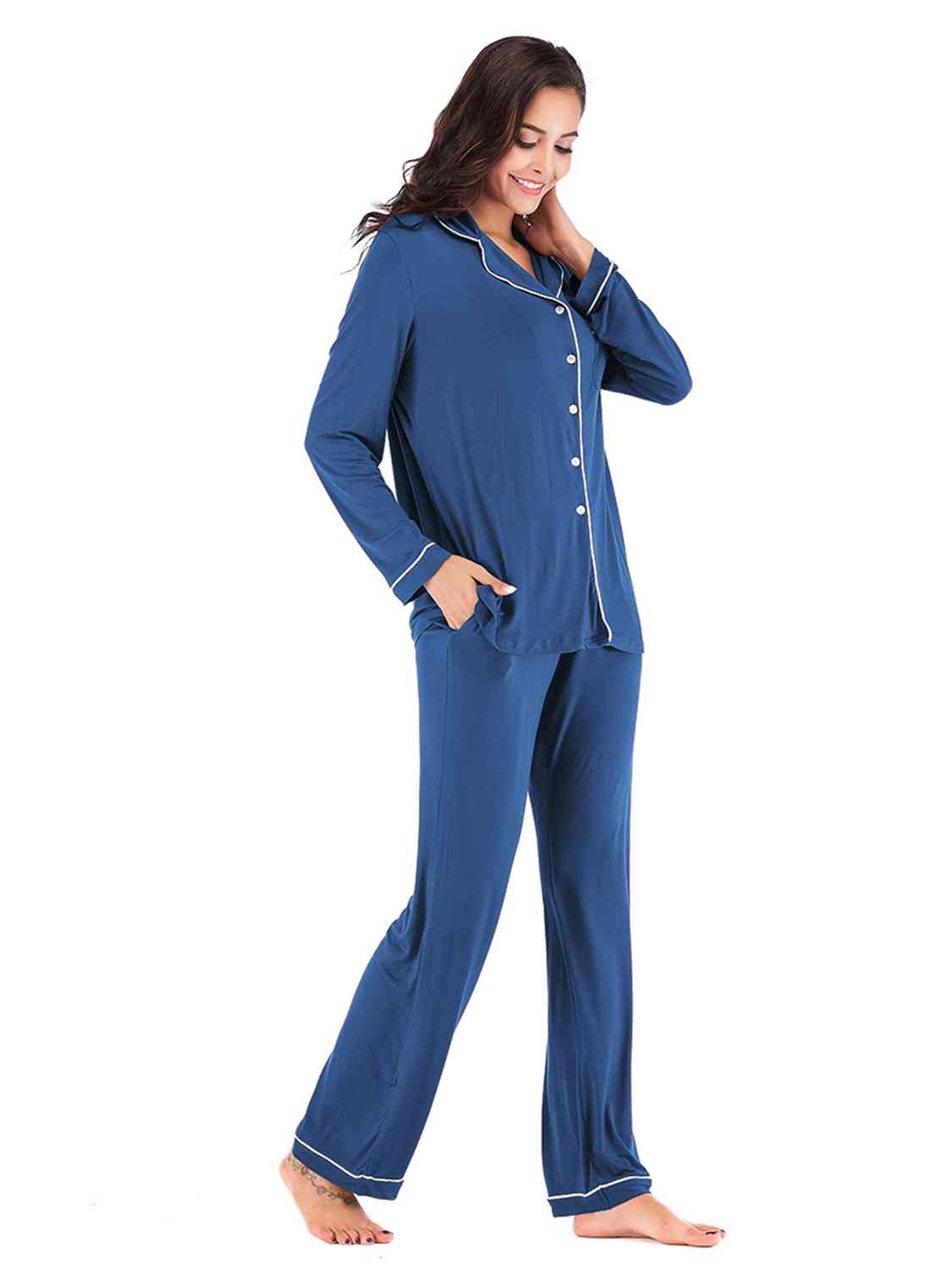 Collared Neck Long Sleeve Loungewear Set with Pockets - Aurelia Clothing