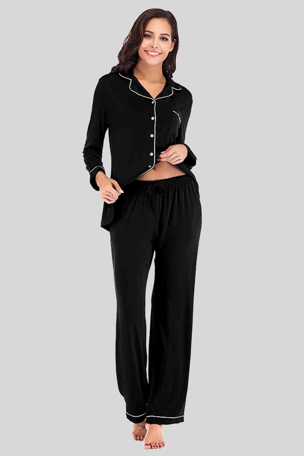 Collared Neck Long Sleeve Loungewear Set with Pockets - Aurelia Clothing