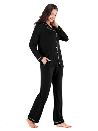 Collared Neck Long Sleeve Loungewear Set with Pockets - Aurelia Clothing