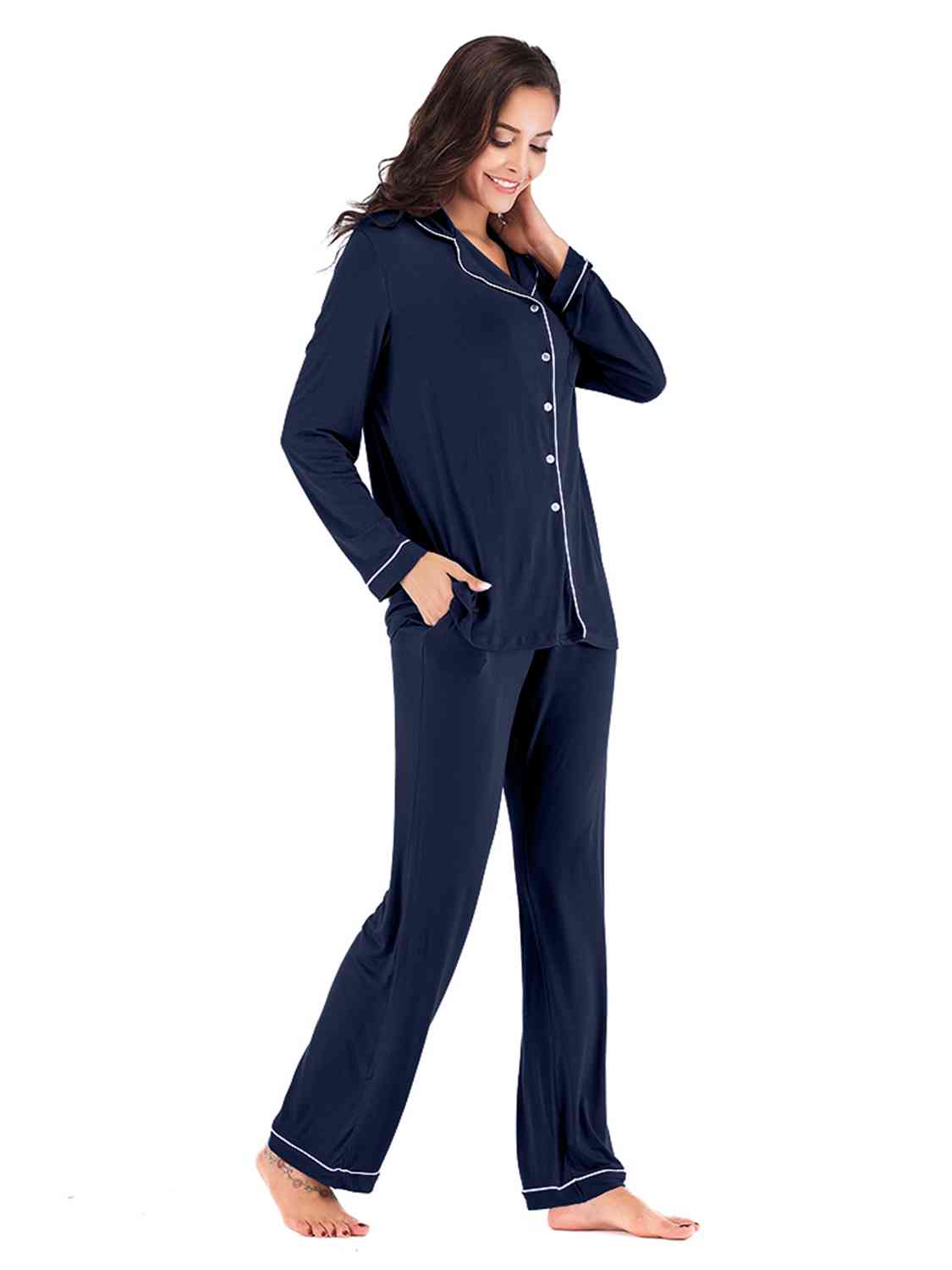 Collared Neck Long Sleeve Loungewear Set with Pockets - Aurelia Clothing