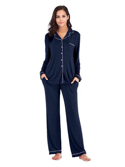 Collared Neck Long Sleeve Loungewear Set with Pockets - Aurelia Clothing