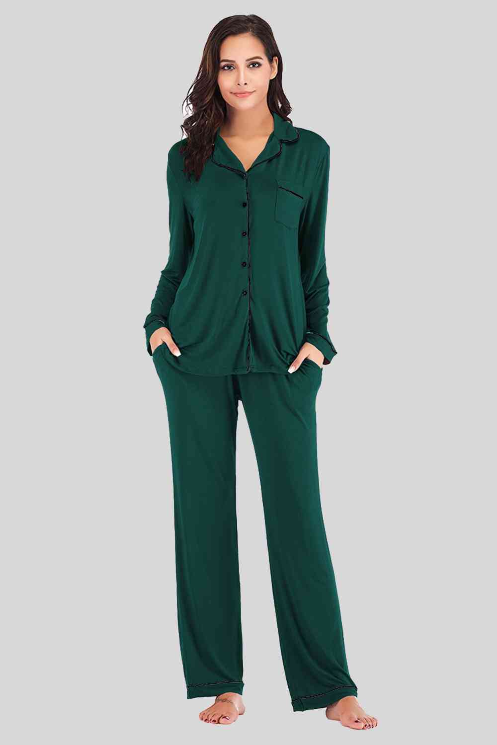 Collared Neck Long Sleeve Loungewear Set with Pockets - Aurelia Clothing