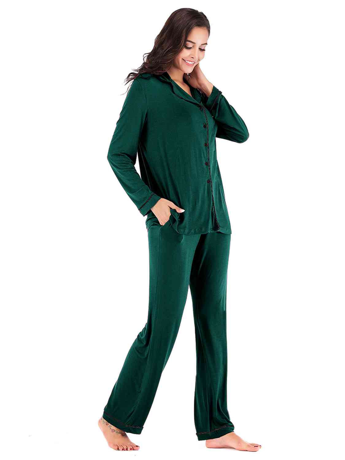 Collared Neck Long Sleeve Loungewear Set with Pockets - Aurelia Clothing