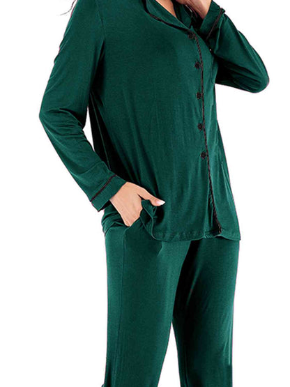 Collared Neck Long Sleeve Loungewear Set with Pockets - Aurelia Clothing