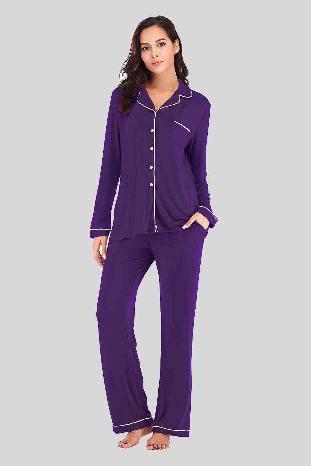 Collared Neck Long Sleeve Loungewear Set with Pockets - Aurelia Clothing