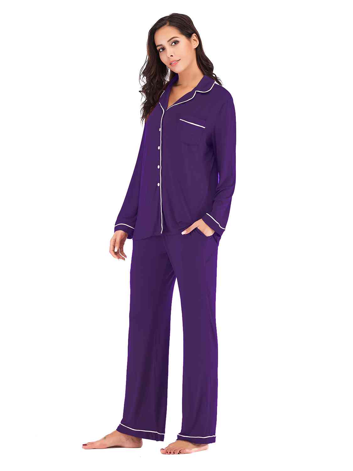 Collared Neck Long Sleeve Loungewear Set with Pockets - Aurelia Clothing