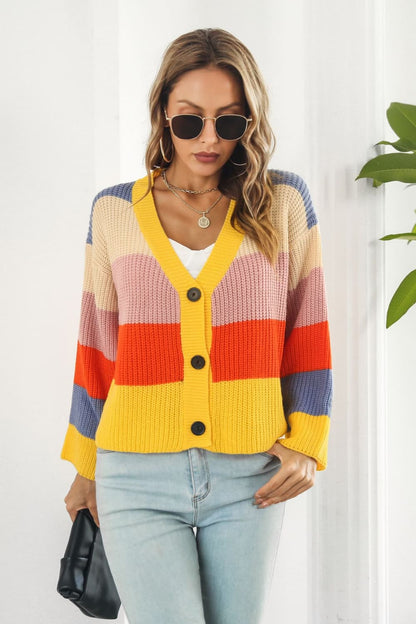 Color Block Button-Down Dropped Shoulder Cardigan - Aurelia Clothing