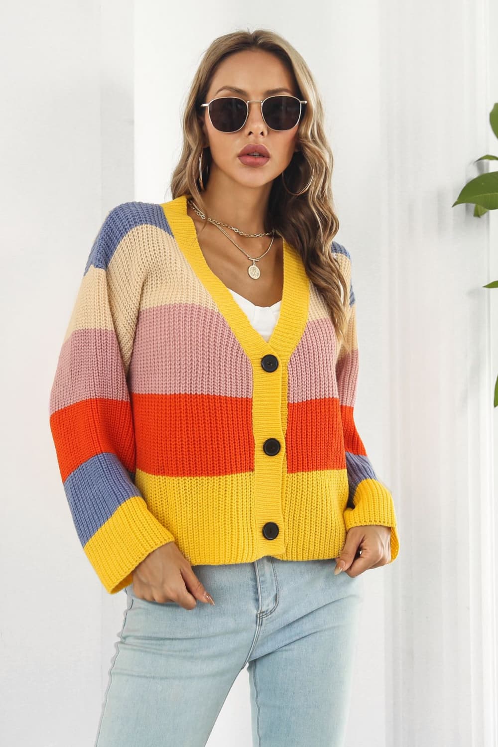 Color Block Button-Down Dropped Shoulder Cardigan - Aurelia Clothing