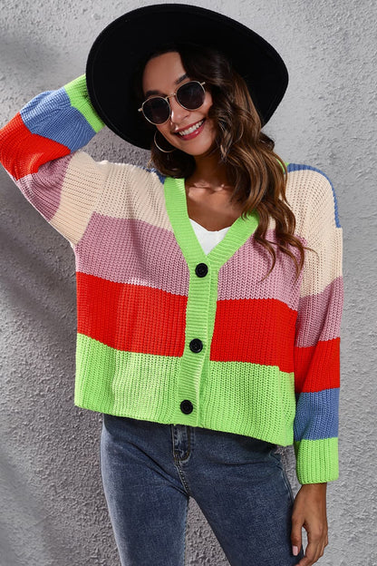 Color Block Button-Down Dropped Shoulder Cardigan - Aurelia Clothing