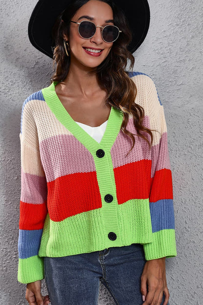 Color Block Button-Down Dropped Shoulder Cardigan - Aurelia Clothing