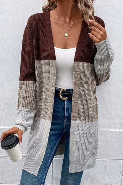 Color Block Open Front Rib-Knit Longline Cardigan - Aurelia Clothing