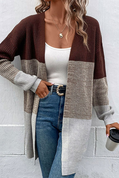 Color Block Open Front Rib-Knit Longline Cardigan - Aurelia Clothing