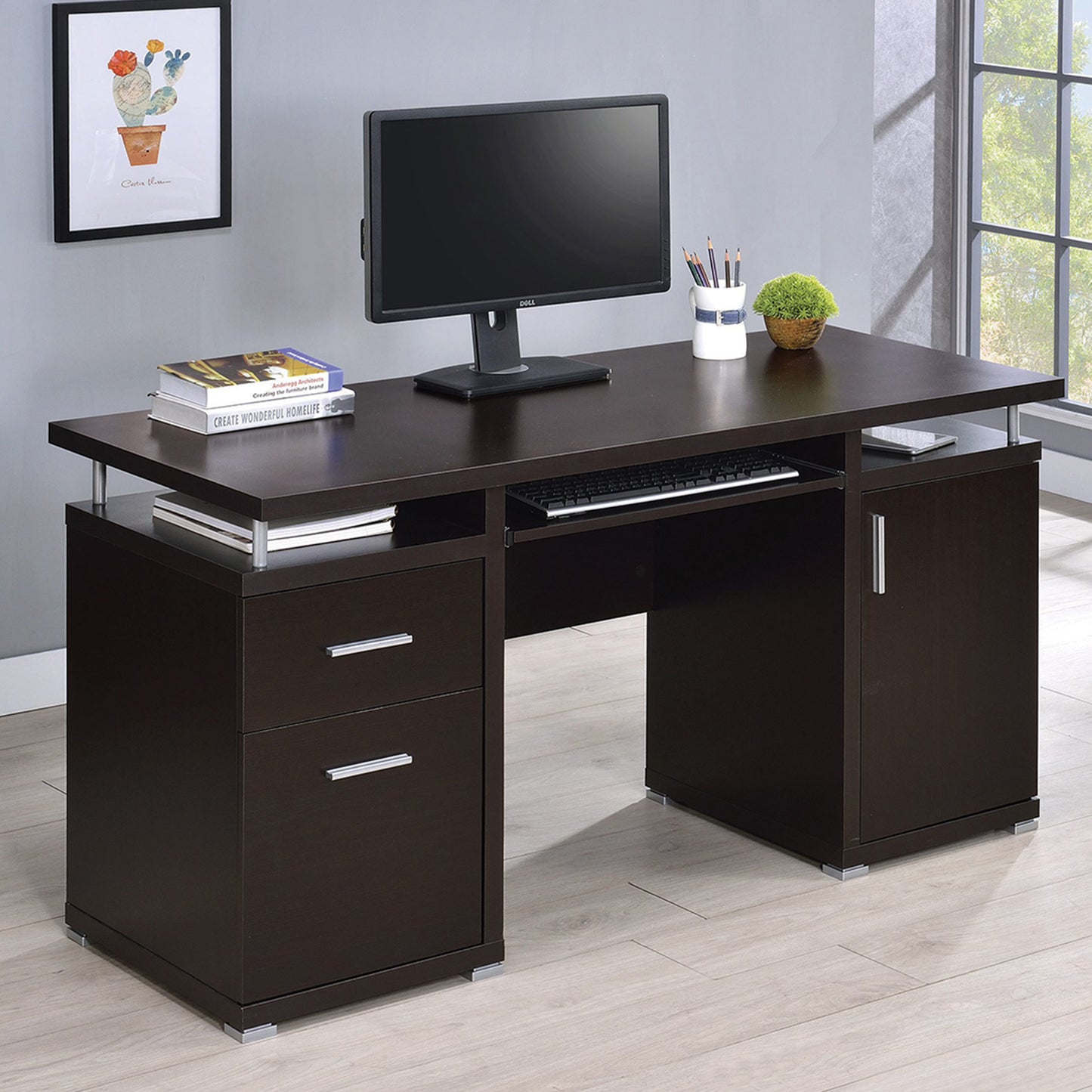 Computer Desk with 2 Drawers and Cabinet in Cappuccino - Free Shipping - Aurelia Clothing