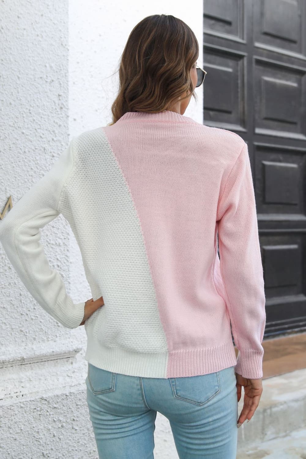 Contrast Color Round Neck Long Sleeve Sweater - Aurelia Clothing