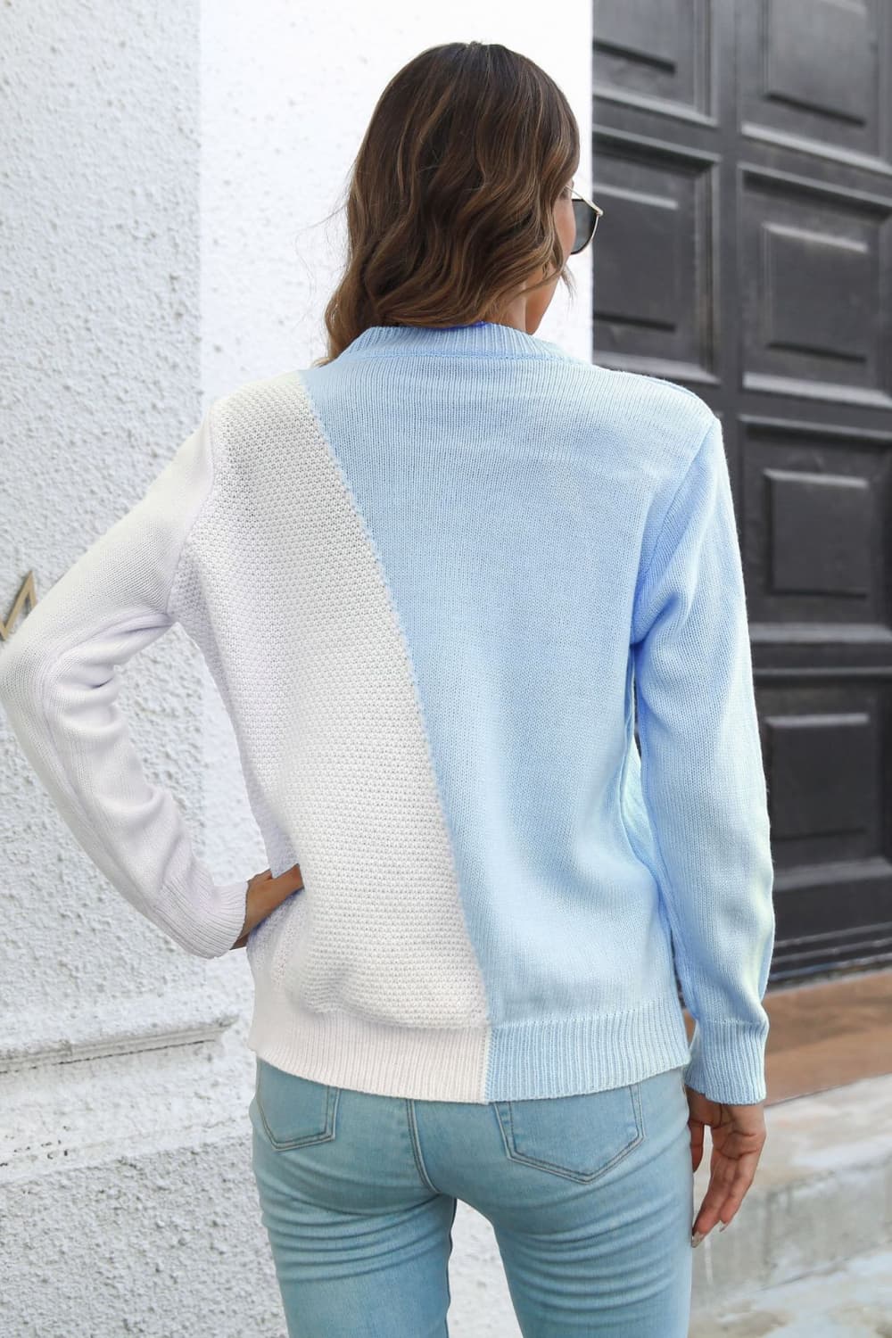 Contrast Color Round Neck Long Sleeve Sweater - Aurelia Clothing