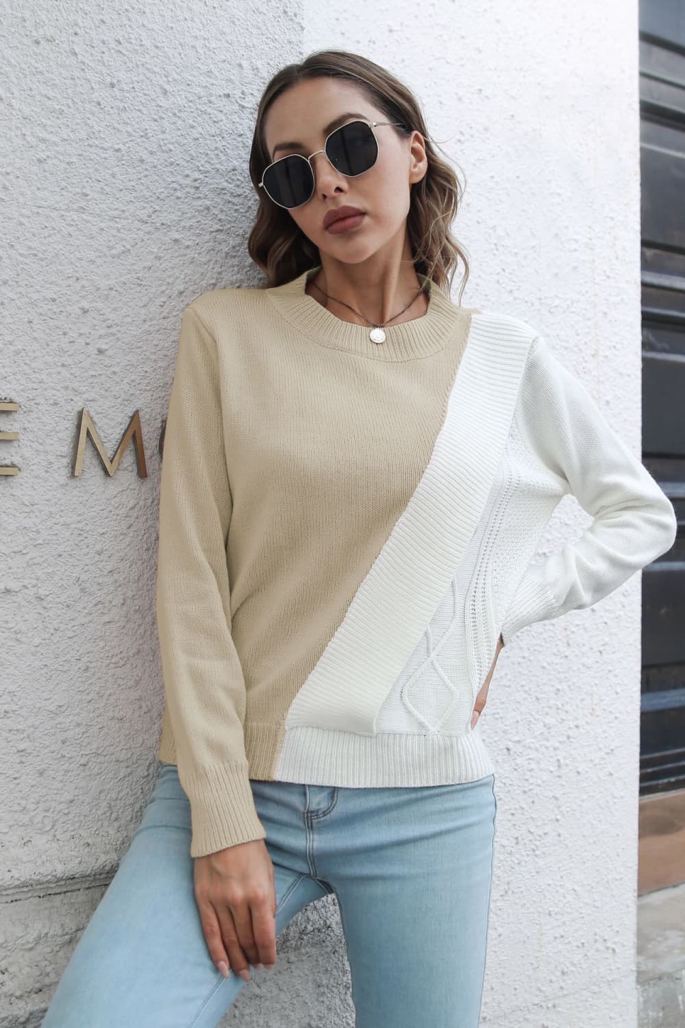 Contrast Color Round Neck Long Sleeve Sweater - Aurelia Clothing