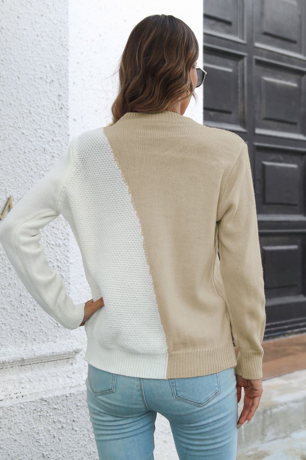 Contrast Color Round Neck Long Sleeve Sweater - Aurelia Clothing