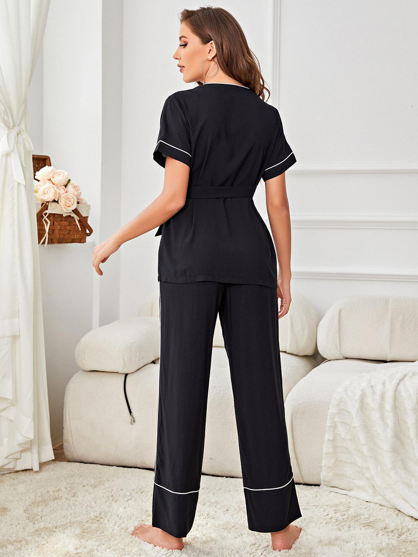 Contrast Piping Belted Top and Pants Pajama Set - Aurelia Clothing