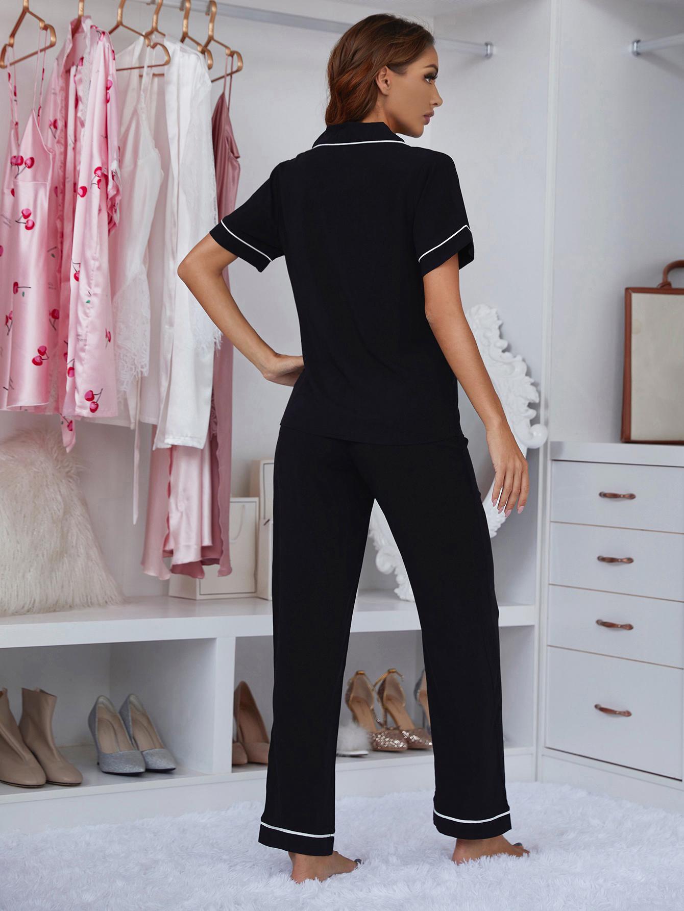 Contrast Piping Lapel Collar Short Sleeve Top and Pants Pajama Set - Aurelia Clothing