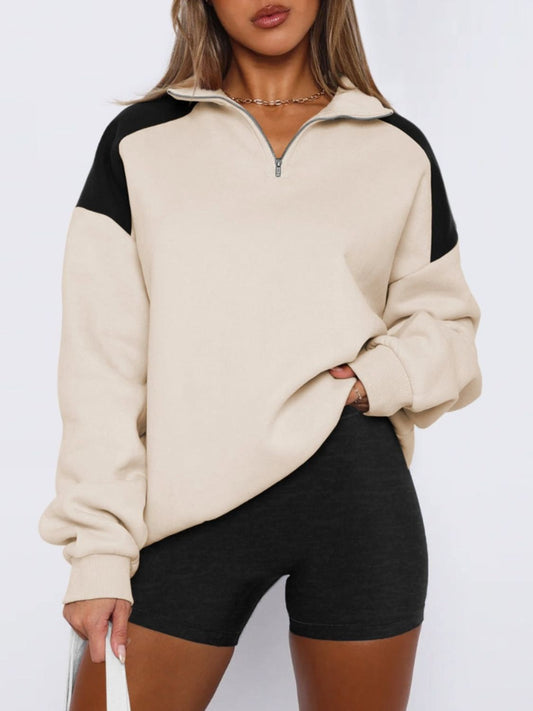 Contrast Quarter Zip Long Sleeve Sweatshirt - Free Shipping - Aurelia Clothing