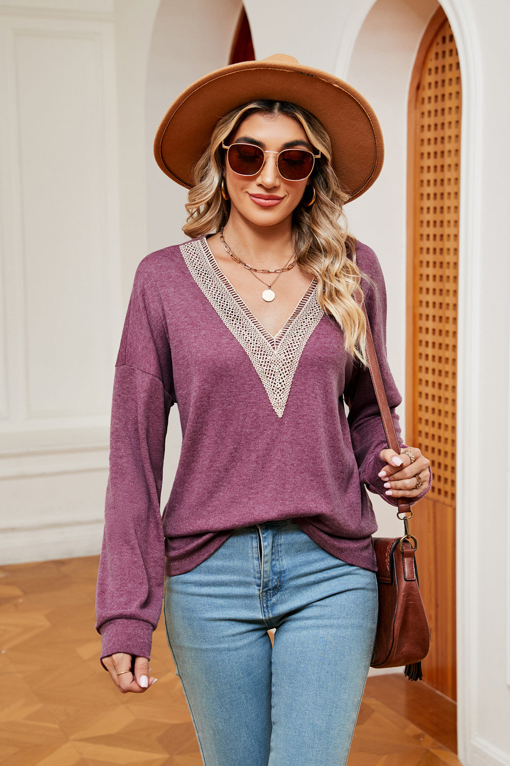 Contrast V-Neck Long Sleeve Blouse - Aurelia Clothing