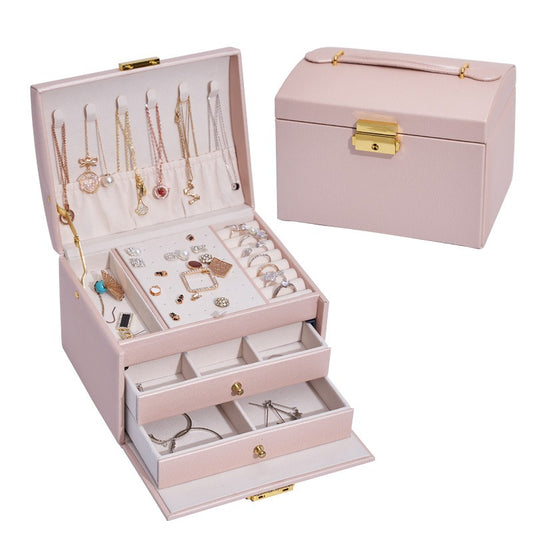 Three Layer Leather Drawer Jewelry Box Light Luxury Earrings Jewelry Storage Box Stud Earrings With Lock Jewelry Box - Free Shipping - Aurelia Clothing