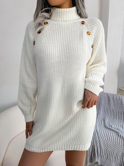 Decorative Button Turtleneck Sweater Dress - Aurelia Clothing