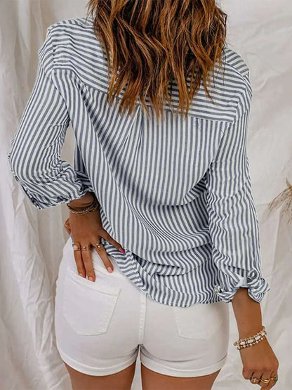 Devine Striped Collared Neck Long Sleeve Shirt - Aurelia Clothing