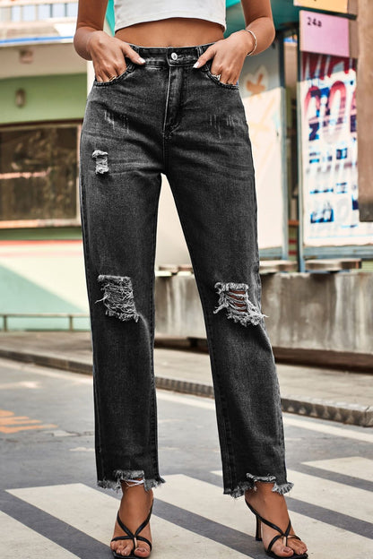 Distressed Buttoned Loose Fit Womens Jeans - Aurelia Clothing