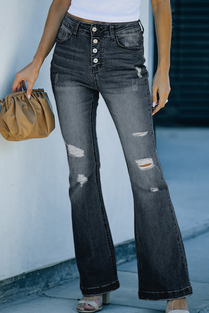 Distressed Button-Fly Flare Womens Jeans - Aurelia Clothing