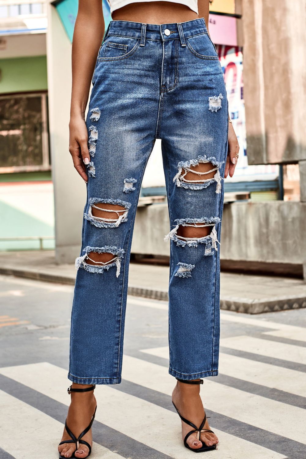 Distressed Buttoned Womens Jeans with Pockets - Aurelia Clothing